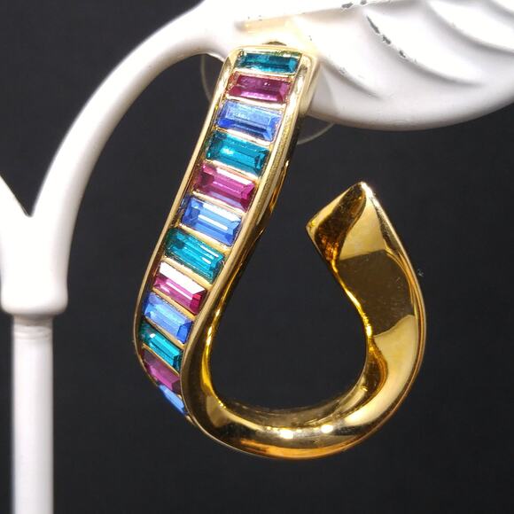 Vintage Swarovski Swan Logo Earrings, Gold Plated Rhinestone Hoop, 1990s Jewelry - Picture 4 of 10